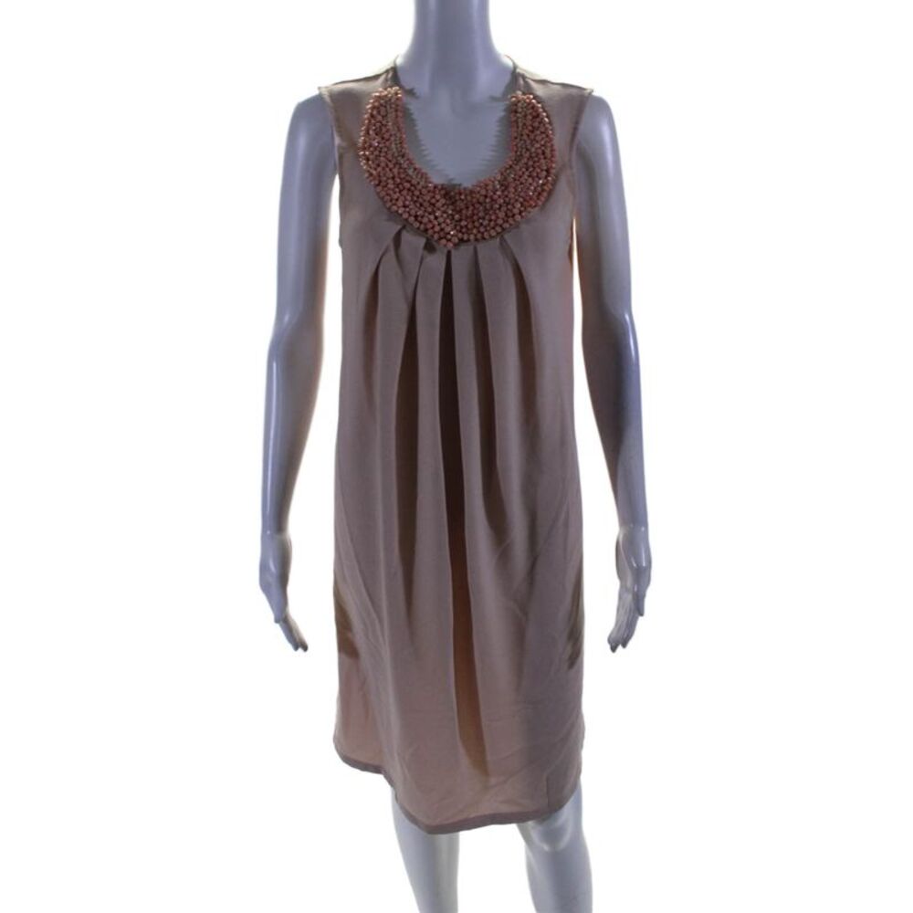 Ottod Ame Womens Beaded Pleated Round Neck Sleeveless Dress Pink Size 6